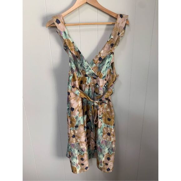 Theory Galla Dress Silk Watercolor Wrapover Bodice Open Back Ruffled Tie Waist 8 - Picture 5 of 14